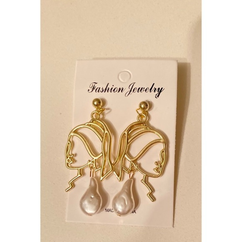 Abstract Gold Line Face Earrings with Baroque Pearl Drop Artistic Statement new - Picture 7 of 7